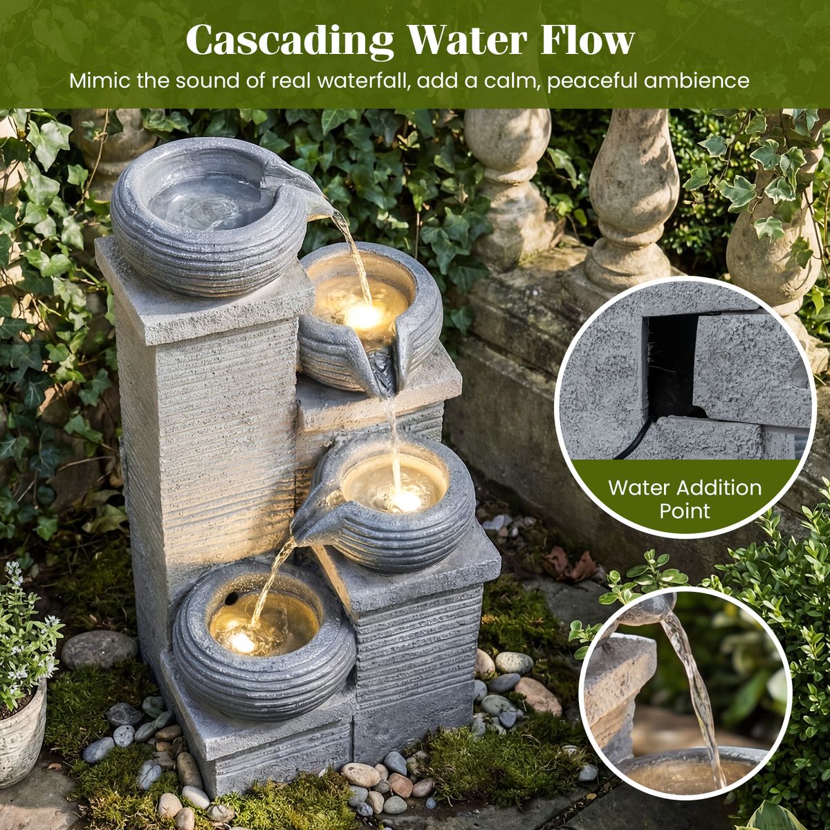 Fontaine de jardin Coast avec éclairage LED - Cascade à quatre niveaux - Résine synthétique et fibre de verre - Gris 28 x 22 x 58 cm