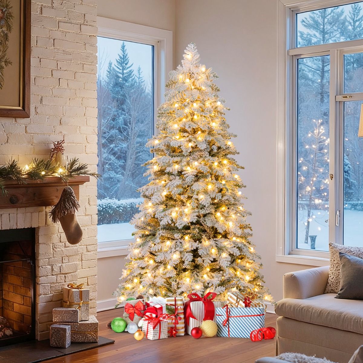 Coast Artificial Christmas Tree 180 cm Green/White - Snowy with 260 LED Lights - Foldable & Pre-assembled