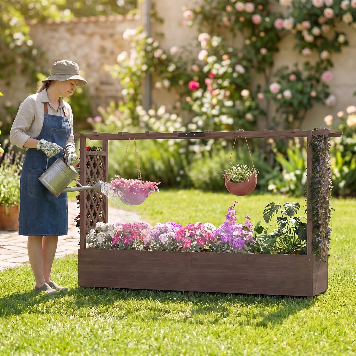 Jardinière Coast avec treillis - toit suspendu - bois de pin massif - marron - 200 x 44 x 114 cm