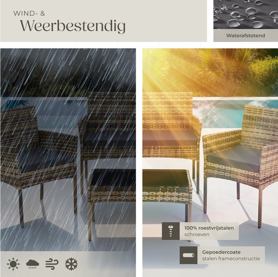 tectake® - Ensemble de jardin en osier Palese - Groupe de sièges pour 4 personnes - Ensemble de meubles de jardin avec banc de salon, table de jardin et 2 chaises de jardin, y compris les coussins d'assise - Meubles de jardin - Résistant à l'eau - Gris
