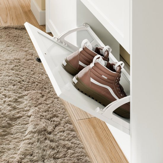 Armoire à chaussures SoBuy pour entrée, armoire à chaussures avec 2 tiroirs et 4 portes rabattables, rangement pratique pour 12 paires de chaussures, blanche, MDF E1, idéale pour les petits espaces - FSR208-W