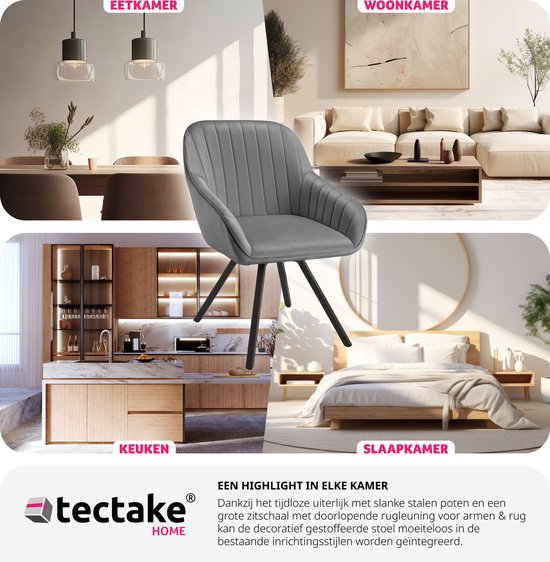 tectake® - Chaise de salle à manger pivotante avec accoudoirs - Chaise ergonomique à coque avec revêtement en velours - Rembourrée - Chaise pivotante pour le salon, la table à manger, le bureau, la coiffeuse et la cuisine - Gris