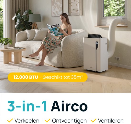 MOA Climatiseur mobile - 12 000 BTU - Avec télécommande - Jusqu'à 35m² - Climatiseur avec fonction de déshumidification - Kit d'étanchéité pour fenêtre - Blanc