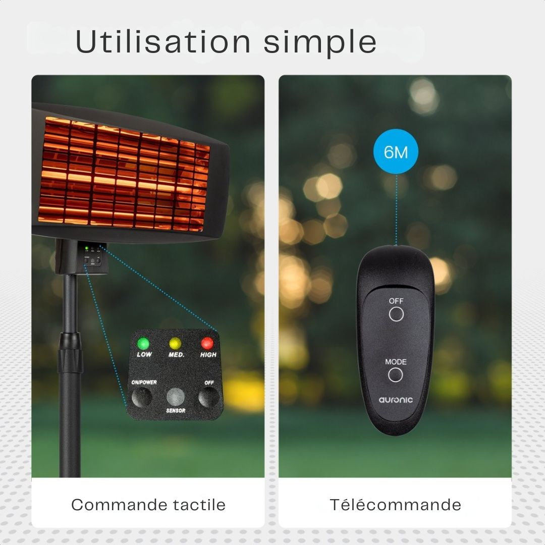 Chauffage de terrasse - Auronic - Électrique - 2000W - Télécommande incluse - 3 niveaux - Noir