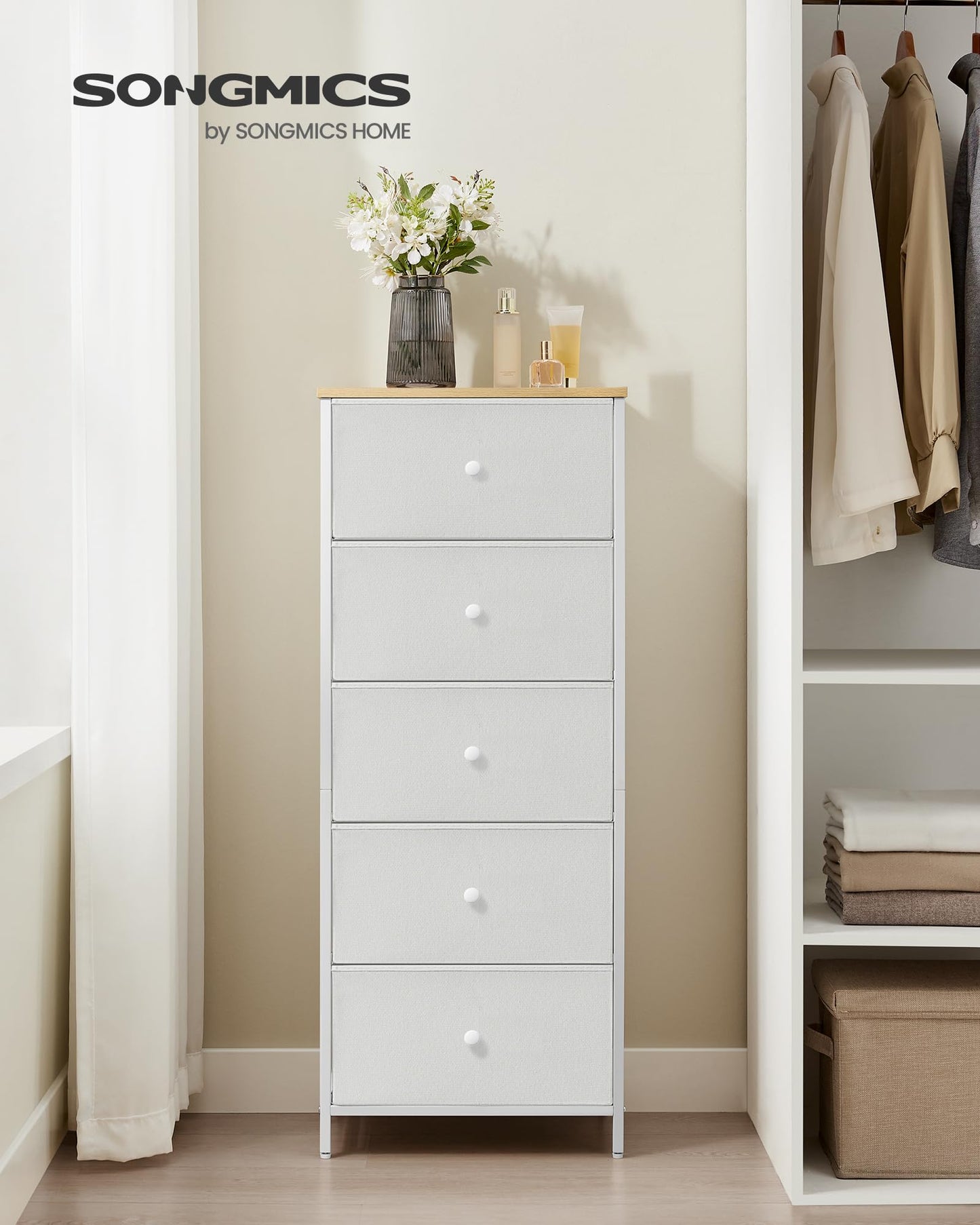 Commode Songmics à 5 tiroirs - Jaune camel/blanc crème - 29,8 x 45 x 112,3 cm