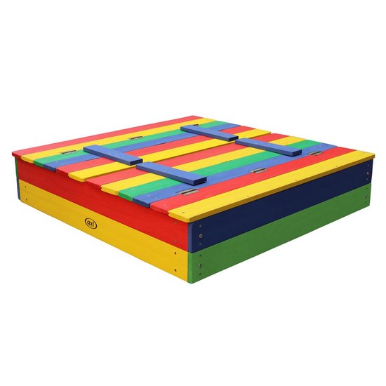 Bac à sable en bois AXI Ella aux couleurs de l'arc-en-ciel - Avec bancs et couvercle - Bois FSC - 100 x 95 x 20 cm - Bac à sable pour enfants