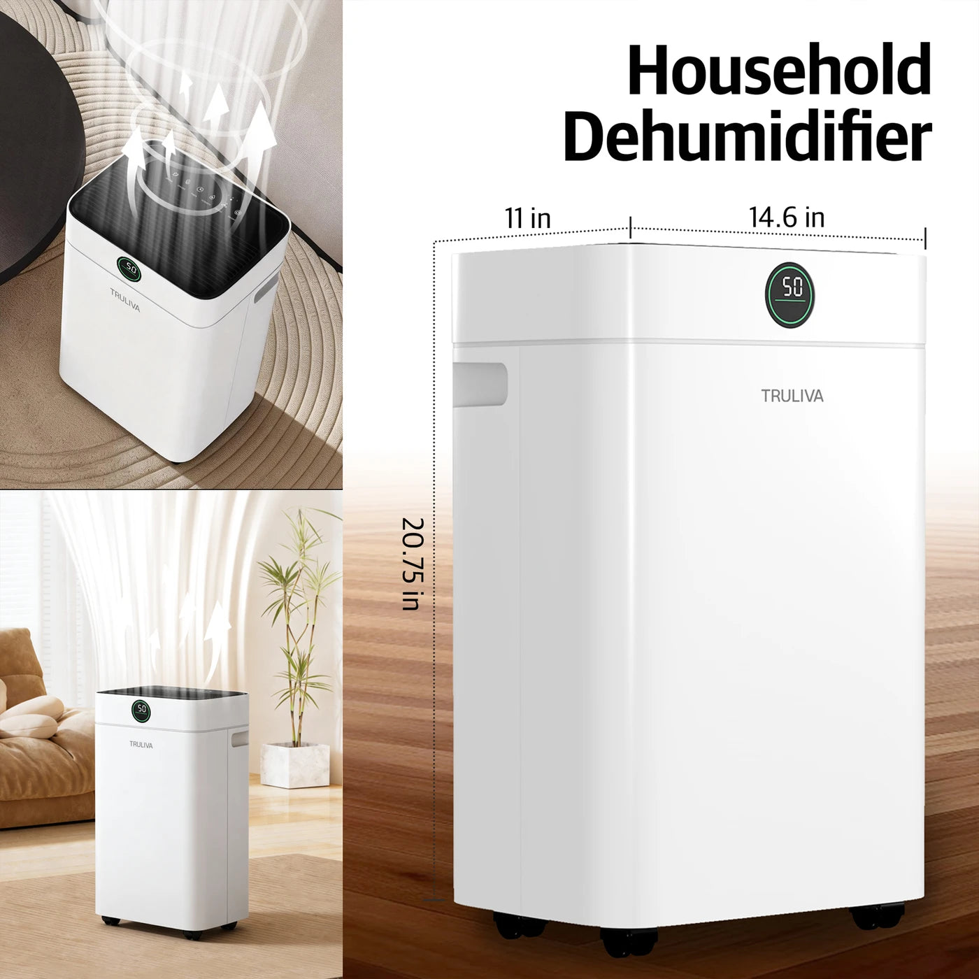 Déshumidificateur Truliva 25 L/jour - Fonction de séchage du linge - Dégivrage automatique - R290 - Réservoir d'eau de 2,8 L - 32 x 28 x 52,7 cm