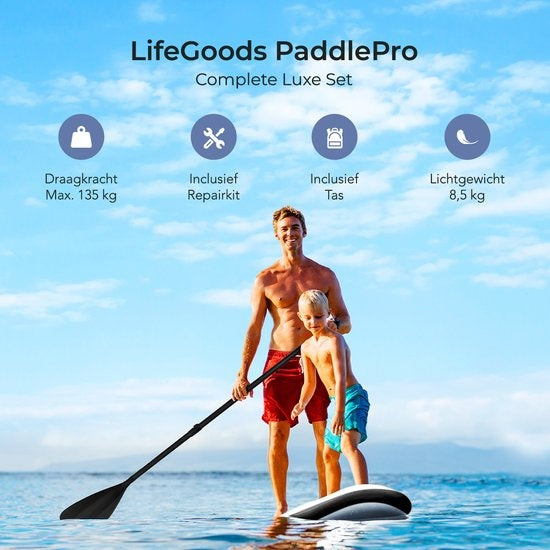 LifeGoods SUP Board - Deluxe Set - avec siège - Planche à pagaie gonflable - Max. 135KG - 320x81cm - Blanc