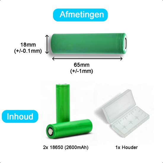 Tech Essentials 18650 Batterie rechargeable Li-ion - 2600mAh 3.7V - 7.8A - Lithium - Support - Batterie - 2-Pack