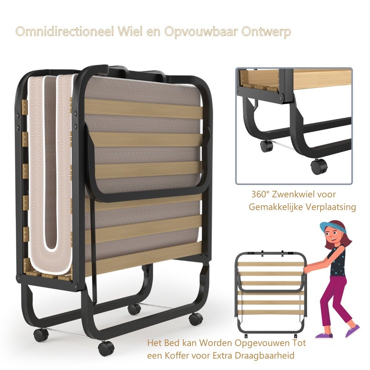 Coast Folding Bed - Single - 200 x 90 x 41 cm - Matelas inclus - Beige & Black