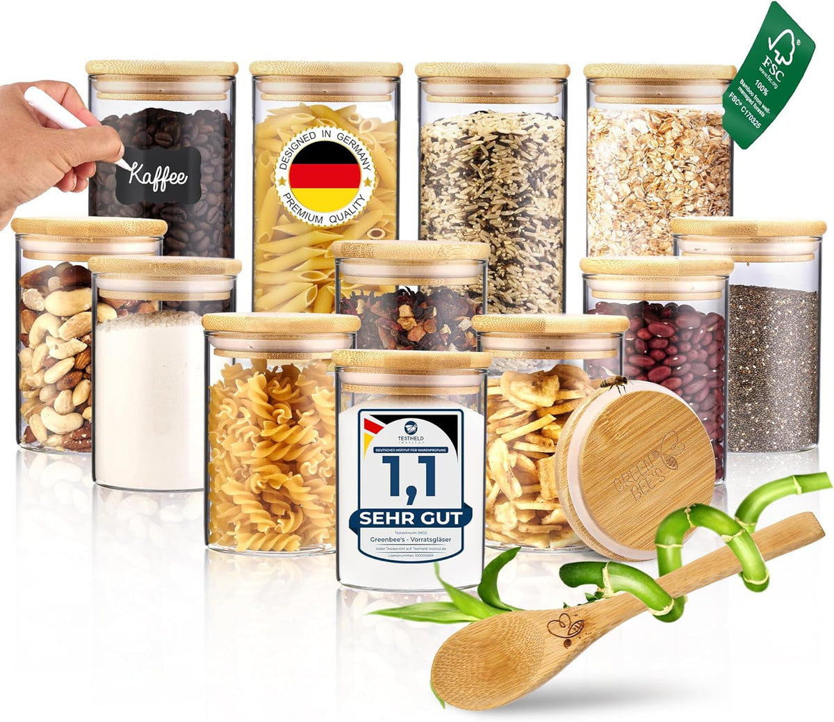 GREEN BEE`S Set de 12 petits bocaux à provisions - 4x600ml & 8x430ml - Parfaits pour les tiroirs et l'armoire à pharmacie - Bocaux à provisions durables avec couvercle hermétique - Pour le riz, les noix, les graines et les épices