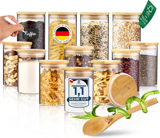 GREEN BEE`S Set de 12 petits bocaux à provisions - 4x600ml & 8x430ml - Parfaits pour les tiroirs et l'armoire à pharmacie - Bocaux à provisions durables avec couvercle hermétique - Pour le riz, les noix, les graines et les épices