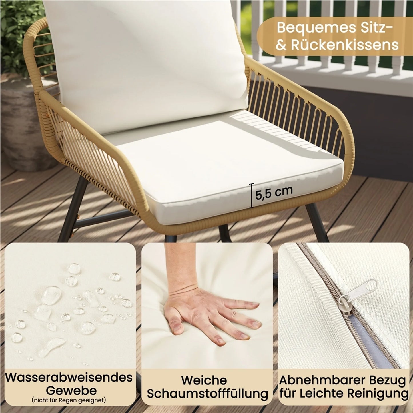 Yaheetech Bistro Garden Set 3-Piece - 61 x 65 x 76 cm - Comprend un plateau de table en verre et un siège et des coussins décoratifs - Pour balcon et terrasse - Light Brown and Metal