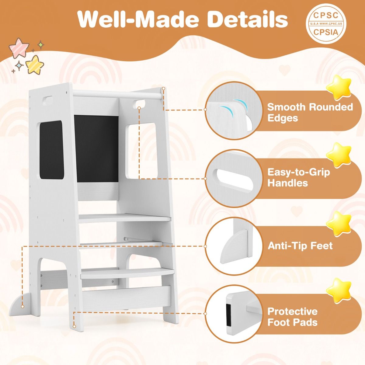 Coast Kitchen Steps for Toddlers - Tabouret en bois pour enfants avec tableau d'activités - Réglable 30/40 cm - Rail de sécurité - Blanc 60 x 49 x 91.5 cm