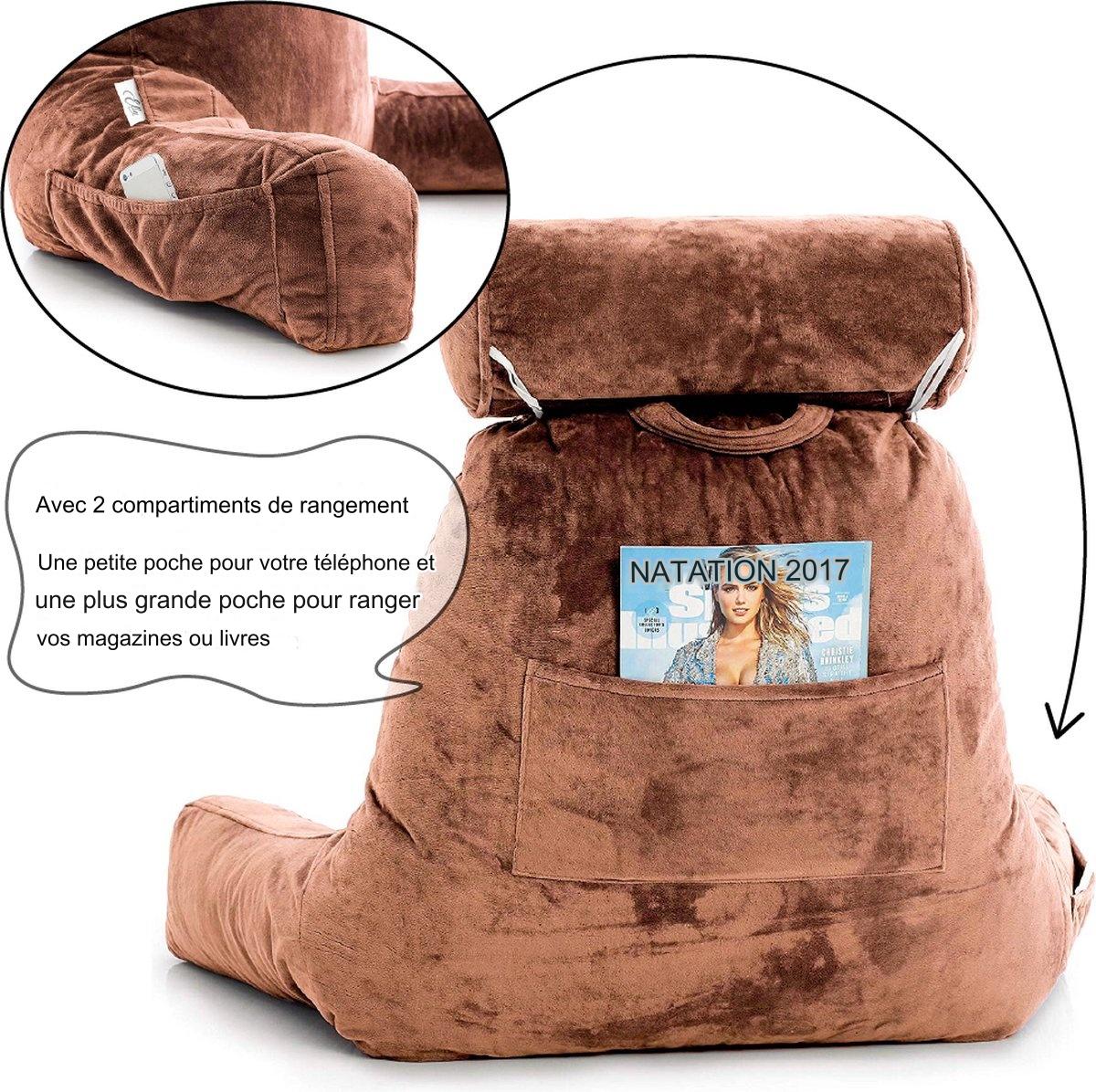 Ella® Coussin de lecture avec rouleau pour la nuque - Coussin de relaxation - Coussin de siège - Soutien du bas du dos - Coussin de lecture paresseux - Brun velouté