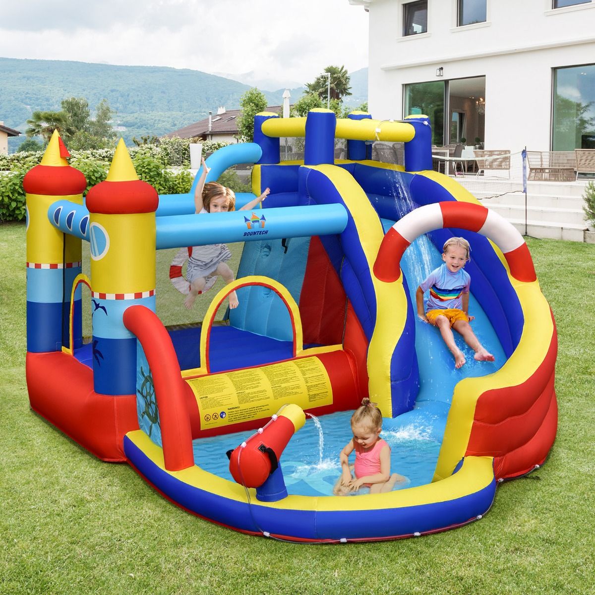 Château gonflable Coast « Bateau pirate » - Parc aquatique 5 en 1 avec toboggan et mur d'escalade - Pistolet à eau et ventilateur inclus - 360 x 290 x 200 cm