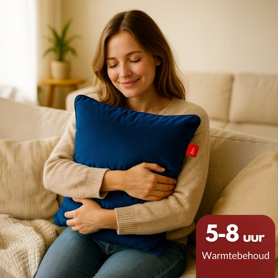 Coozie Rechargeable Heat Pillow - Sans fil et filaire - 45-65°C - Velours - 45 x 45 cm - Bleu foncé - Oreiller électrique - Powerbank incluse - Jusqu'à 8 heures de chaleur