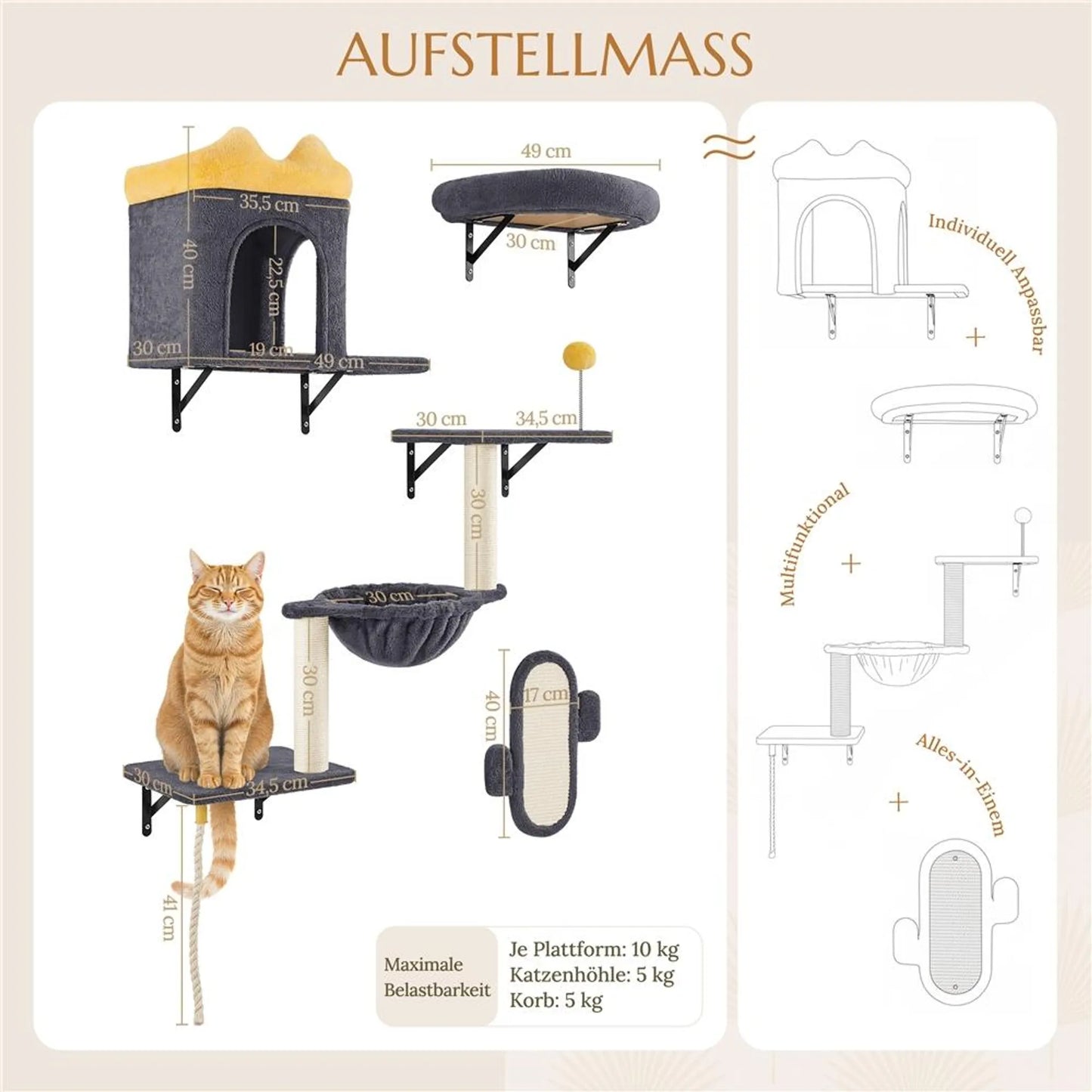 Yaheetech Meuble mural pour chat - 49 x 30 x 40 cm - équipé d'un terrier et d'un panier de couchage pour chat, de griffoirs en sisal et de plates-formes multiples - pour 1 à 5 chats - peluche et métal gris foncé