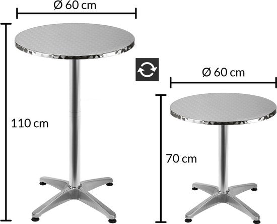Bartable 2 en 1 - Casaria - Aluminium réglable - Plateau rond Ø 60 cm - Argenté