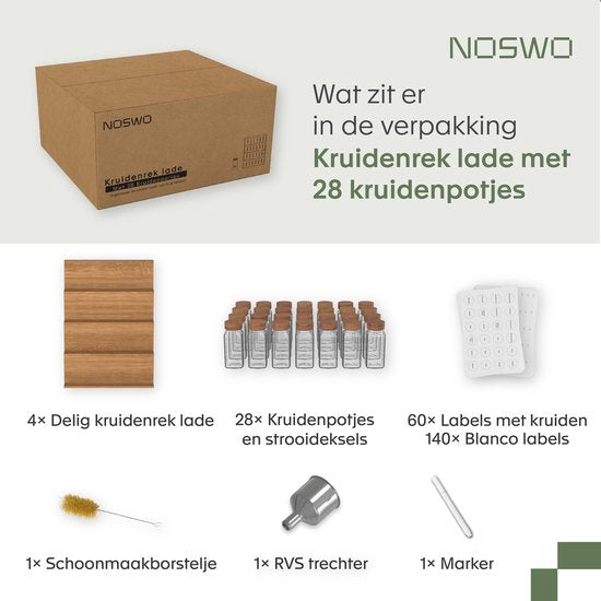 Noswo Tiroir à épices avec 28 pots - Set complet - Carré - Couvercle à saupoudrer et étiquettes - Organisateur d'épices - Organisateur de tiroirs de cuisine - Acacia
