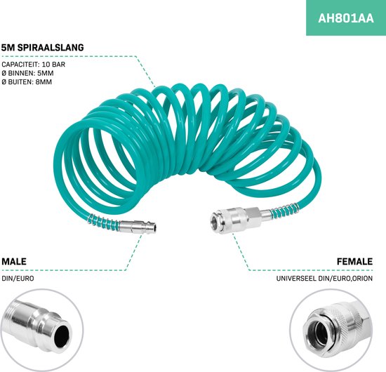 VONROC Tuyau spiralé 5m - Tuyau d'air pour compresseur - Raccords universels - DIN/EURO Ma-le - DIN/EURO/ORION Femelle - 10 bar