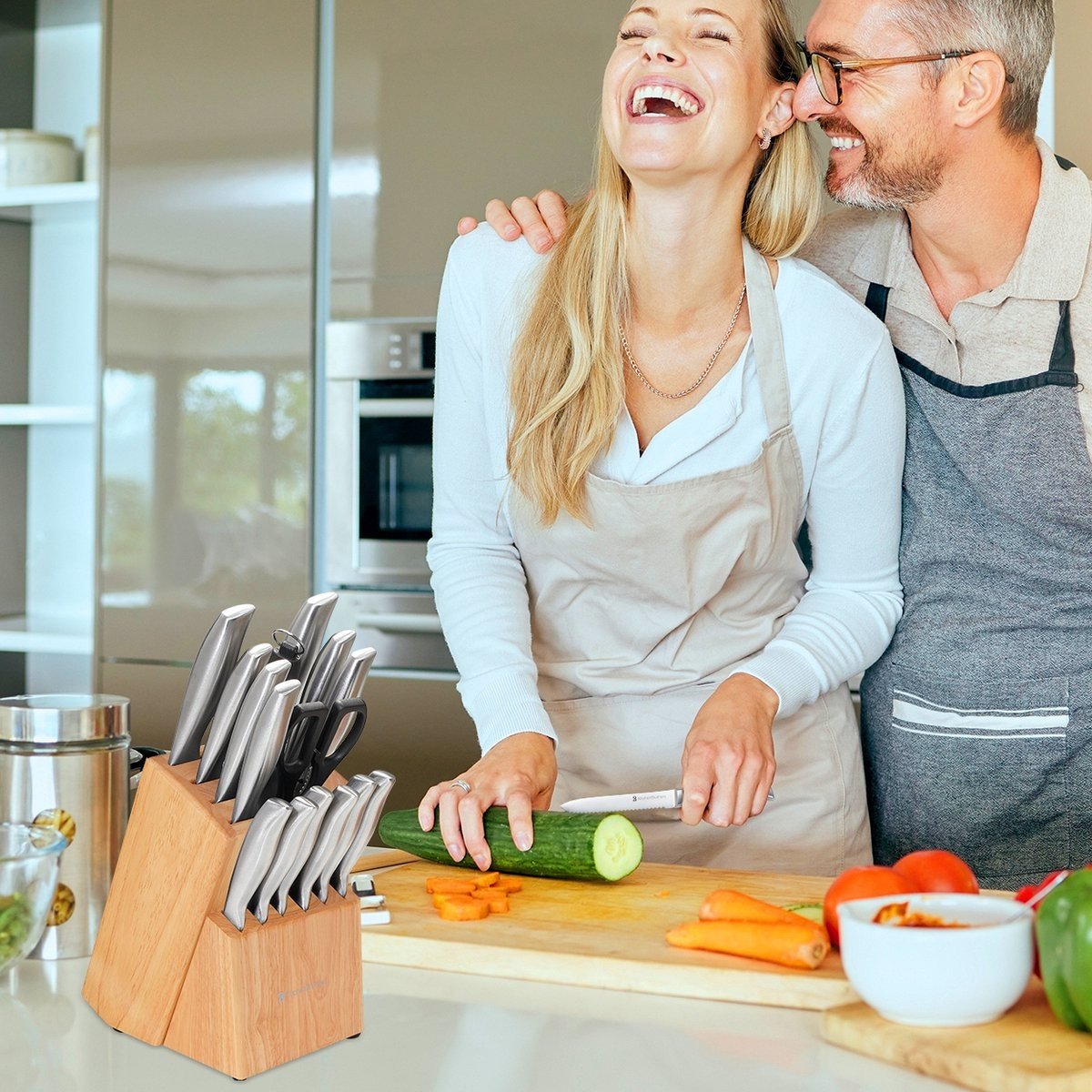 KitchenBrothers Set de couteaux - Bloc de couteaux - 16 pièces - avec ciseaux et acier d'affûtage - Bois de caoutchouc