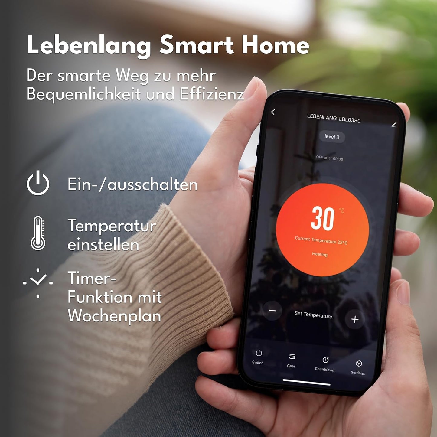 LEBENLANG Chauffage électrique - 2000W - Wifi et App Control - Télécommande - 88 x 5 x 49 cm - Blanc