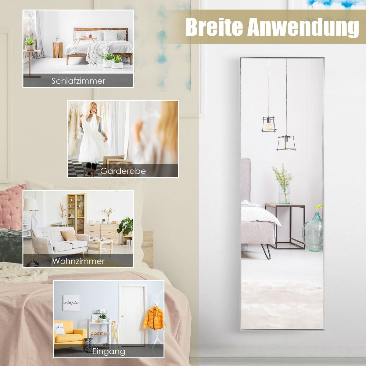 Côte 37 x 120 cm Miroir mural à hauteur d'homme avec crochets réglables en hauteur Miroir mural argenté