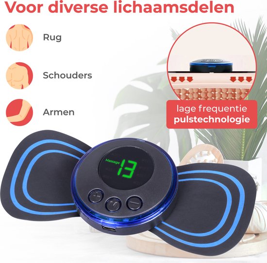Nuvance - Appareil de massage EMS avec commande - Livret et 6 tapis de massage réutilisables inclus - Stimule la circulation - Convient pour le dos, les bras et les jambes - Sans fil - 8 niveaux et 19 intensités - Noir/Bleu