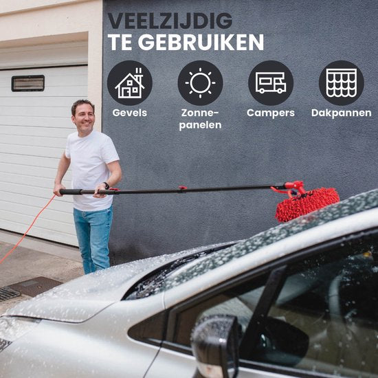 Brosse à laver télescopique Shine avec chiffon en chenille - Brosse à eau XXL jusqu'à 7m - Manche télescopique 5 pièces avec distributeur de savon - Nettoyeur de façades et de vitres