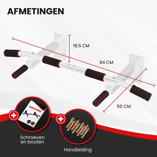 TTD® Premium Pull Up Bar - Pull Up Station - Wall Mount Pull Up Bar - Dip Station - Dip Bars - Home Sports - Home Fitness - Premium materials - Extra sturdy mounting parts - Home workout - White/Red