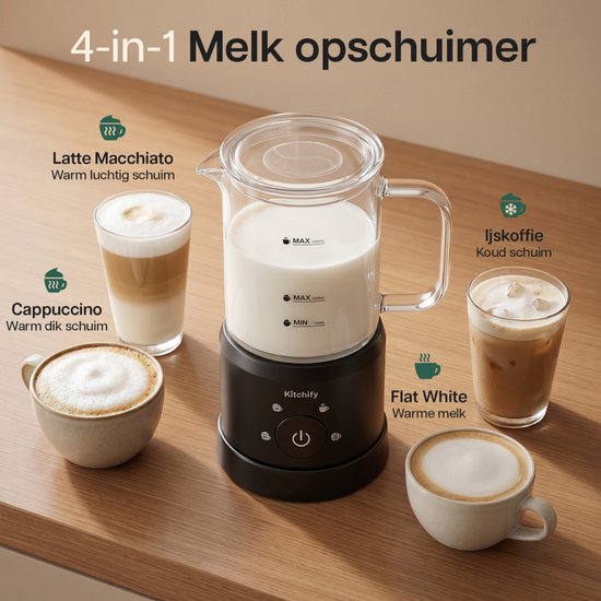 Mousseur à lait en verre Kitchify - Mousseur à lait électrique - Avec bec verseur - 4 en 1 - Milk Frother - Noir