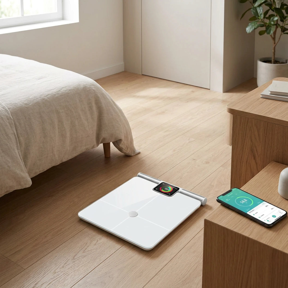 Pèse-personne intelligent à 8 électrodes pour l'analyse corporelle - 33,15 × 30,15 × 3,4 cm - 180 kg - Écran couleur TFT - Wi-Fi et Bluetooth