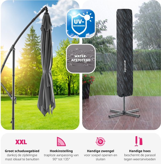 tectake® - Parasol Apollon square 250 x 250 cm - Avec protection contre le vent et housse de protection - gris
