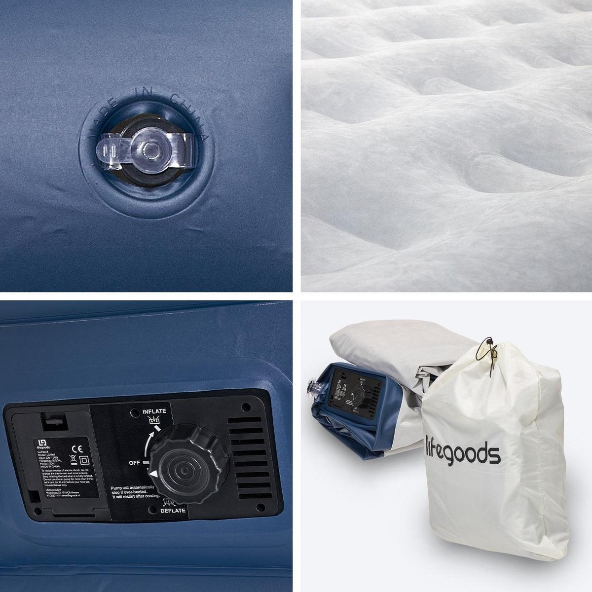 Lit gonflable LifeGoods - 2 personnes - Avec pompe intégrée - Sac de transport et kit de réparation inclus - Bleu