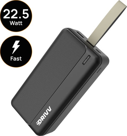 Drivv. Powerbank 30 000 mAh - Chargeur rapide 22,5 W - USB 3.0 - USB-C - Micro USB - Noir