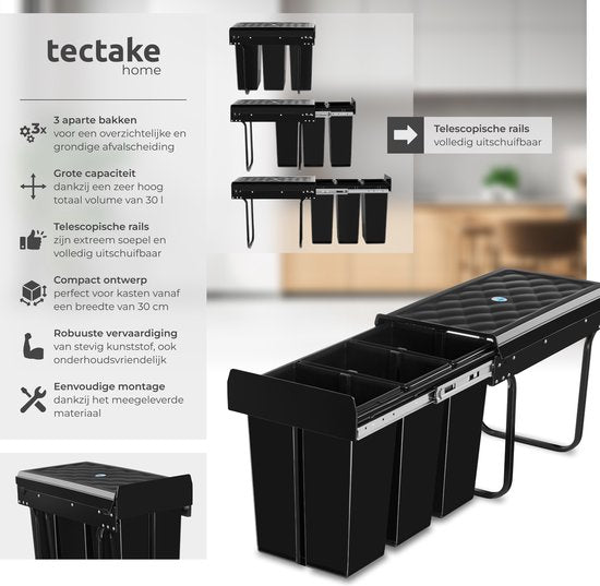 tectake® Collecteur de déchets - Poubelle encastrée - Séparation multiple des déchets - Solution de rangement efficace pour la cuisine et le bureau - Poubelle triple avec rails télescopiques - 3x 10L