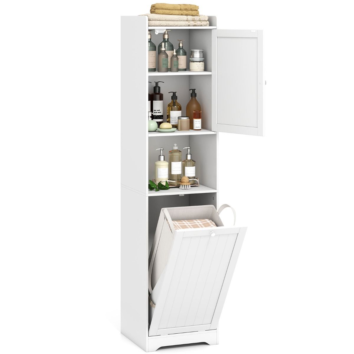 Armoire de salle de bains Coast avec panier à linge - armoire de rangement haute et étroite - étagère réglable - blanche 170 cm
