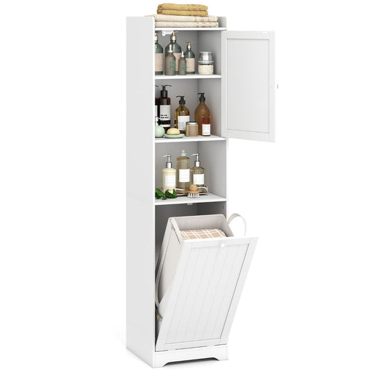 Armoire de salle de bains Coast avec panier à linge - armoire de rangement haute et étroite - étagère réglable - blanche 170 cm