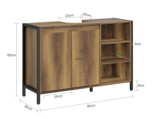 Meuble sous-lavabo SoBuy 90 x 30 x 60 cm - Marron/Noir - 2 portes - 3 étagères