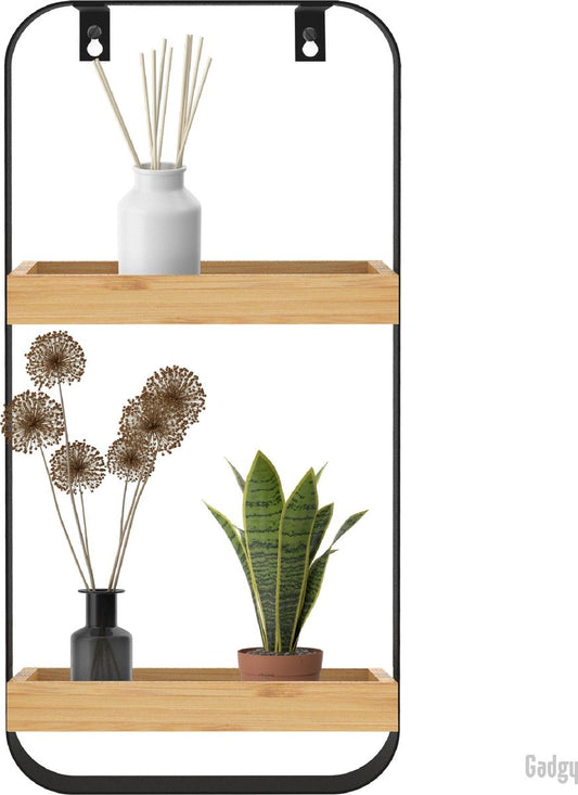 Gadgy Wandplank Metaal Hout Zwart - Wandbox met 2 houten plankjes - Wandrek - Wanddecoratie Industrieel - Muurdecoratie - 50x24 cm