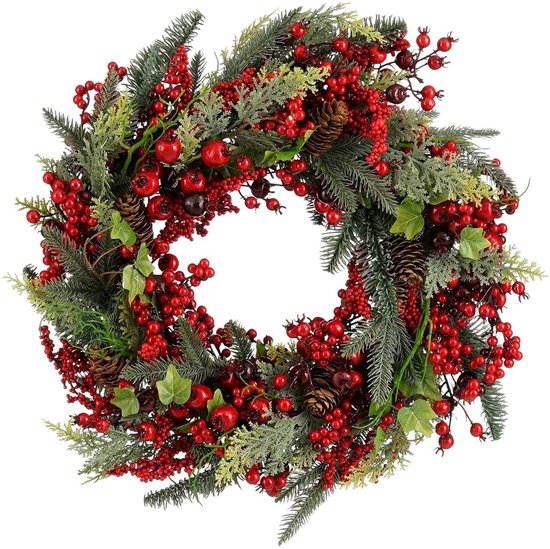 Mica Decorations Norah : couronne de Noël avec des pommes de pin - Décoration de Noël au style traditionnel - Couronne de porte pour le hall d'entrée ou la porte d'entrée - H 13 x Ø 50 cm - Rouge et vert
