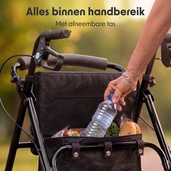 Rollator LifeGoods Basic : léger et pliable (8,7 kg) - Avec siège et dossier – Pour l'intérieur et l'extérieur – Hauteur réglable - Capacité de charge jusqu'à 136 kg – Noir