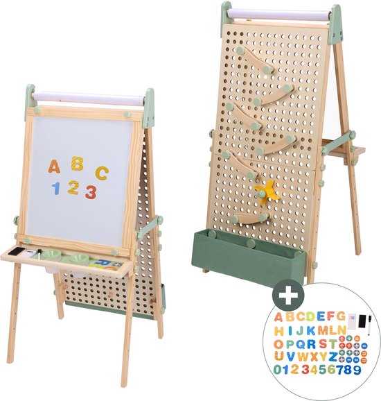 Sunny Mika Activités – Petit âne en bois pour enfants – Âne ludique avec tableau blanc, tableau à craie, tableau magnétique et tableau à picots – Comprend un rouleau de papier, des aimants, des craies, une gomme, des accessoires pour le tableau à picots e