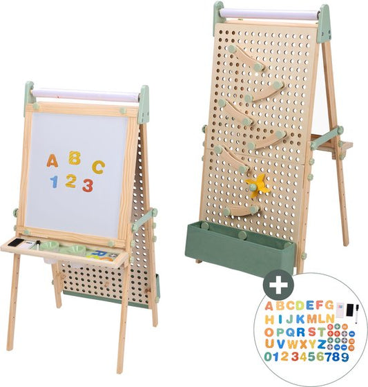 Sunny Mika Activités – Petit âne en bois pour enfants – Âne ludique avec tableau blanc, tableau à craie, tableau magnétique et tableau à picots – Comprend un rouleau de papier, des aimants, des craies, une gomme, des accessoires pour le tableau à picots e