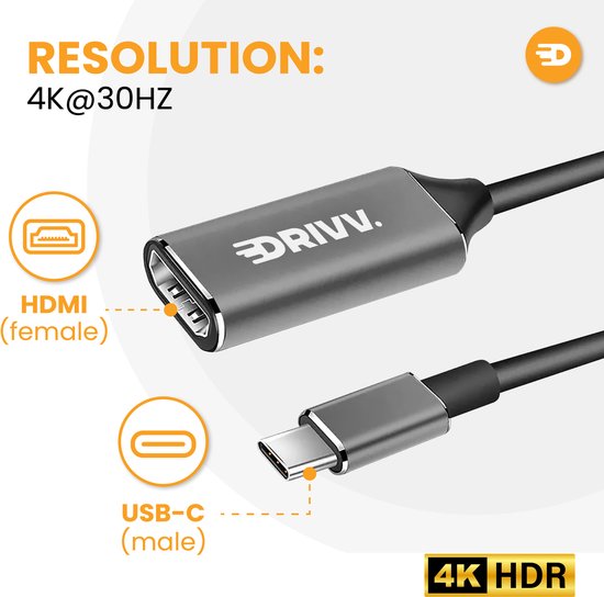 Adaptateur Drivv USB-C vers HDMI - Prise en charge de la 4K à 30 Hz - Convertisseur - Type-C vers HDMI - Thunderbolt 3 - Gris