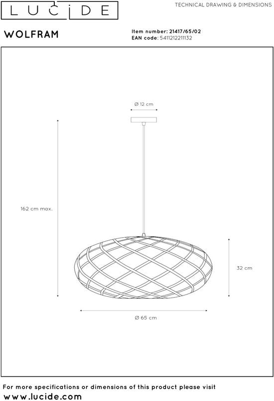 Lucide WOLFRAM - Suspension - Ø 65 cm - 1xE27 - Or mat / Laiton