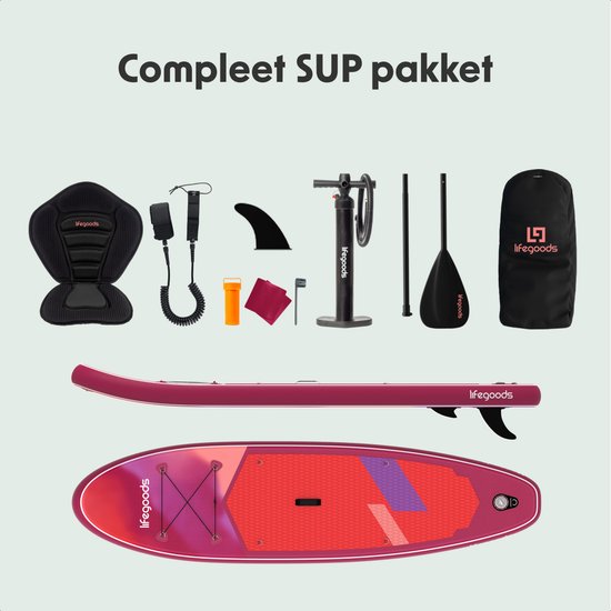 LifeGoods SUP Board All-round Compact - avec siège - capacité de charge de 100 KG - 300 x 76 cm - gonflable - ensemble complet de SUP - rouge/lilas