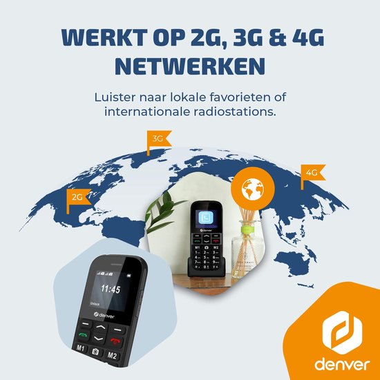 Téléphone portable Denver pour seniors 4G - Grandes touches - Bouton SOS - Grandir sans smartphone - Station de recharge - GSM - Bluetooth - Radio FM - Entièrement en néerlandais et en français - Modèle 2026 - BAS18800L