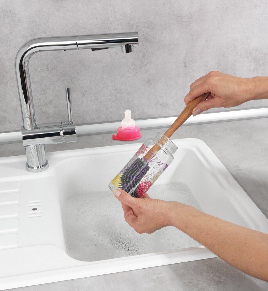 Brosse à vaisselle WENKO Hollie en silicone - Manche en bois de hêtre - Pour bouteilles et verres